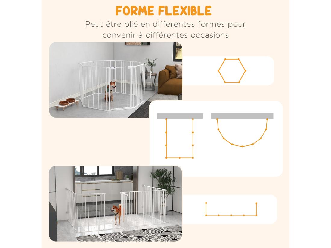 Vente Unique Barrière De Sécurité Parc Enclos Chien Modulable Pliable Porte Verrouillable Intégrée 8 Panneaux Acier PP Blanc
