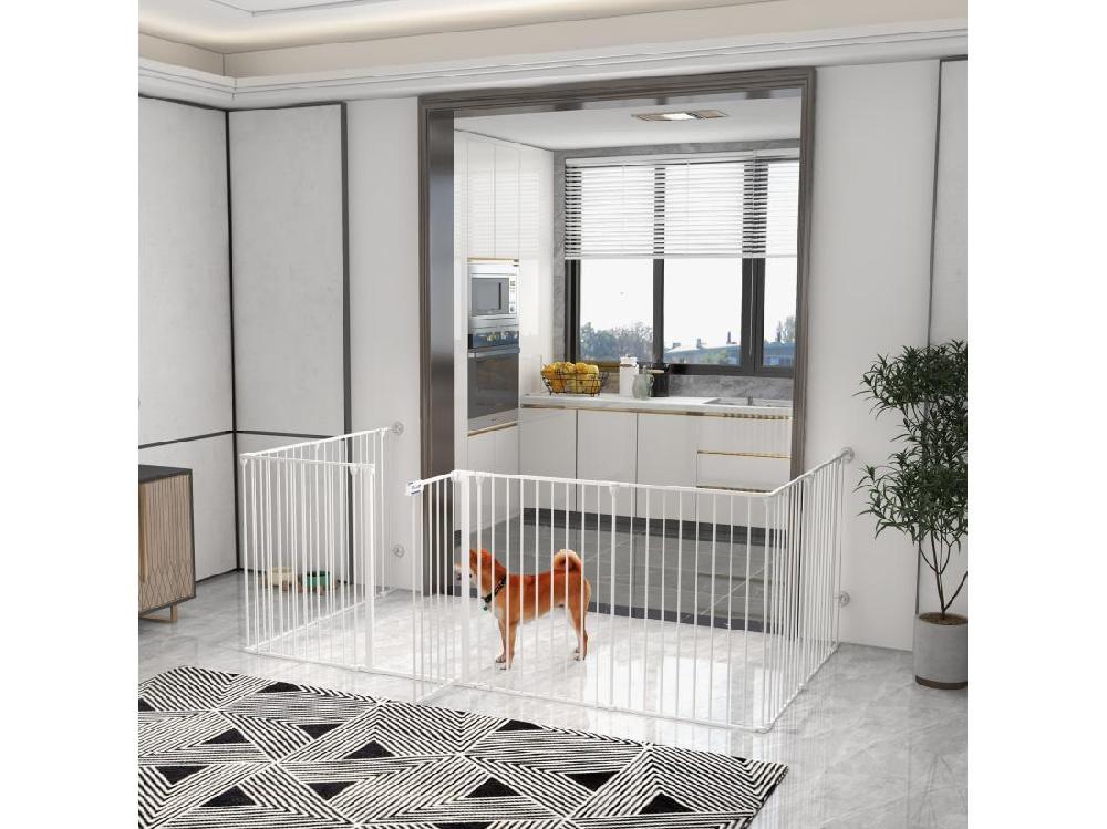 Vente Unique Barrière De Sécurité Parc Enclos Chien Modulable Pliable Porte Verrouillable Intégrée 8 Panneaux Acier PP Blanc