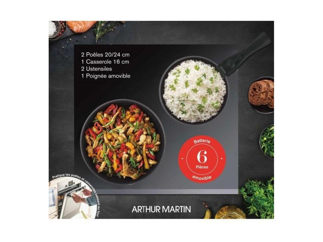 Vente Unique Batterie De Cuisine - Tous Feux Dont Induction - Arthur Martin - AM9582 - Aluminium - Anti-adhésif - 6 Pieces - Poignée Amovib