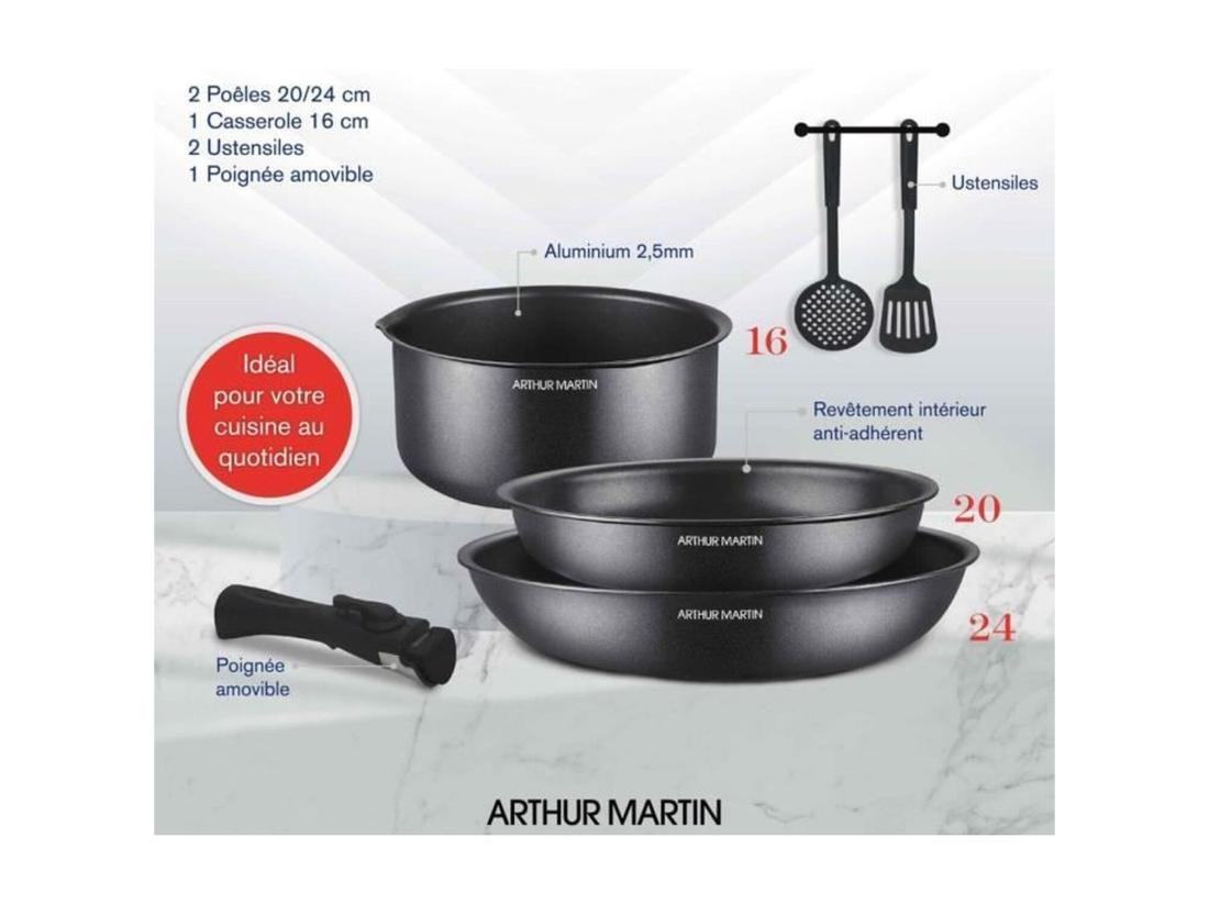 Vente Unique Batterie De Cuisine - Tous Feux Dont Induction - Arthur Martin - AM9582 - Aluminium - Anti-adhésif - 6 Pieces - Poignée Amovib