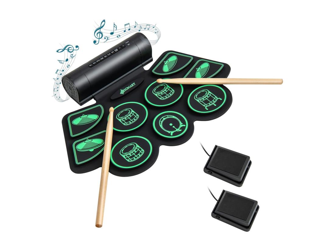 Vente Unique Batterie Electronique Portable 9 Pads Fonction Midi 4 Morceaux Vert
