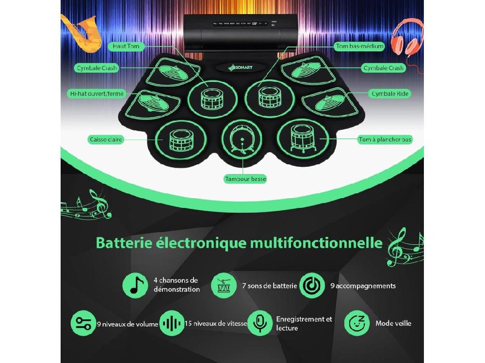 Vente Unique Batterie Electronique Portable 9 Pads Fonction Midi 4 Morceaux Vert