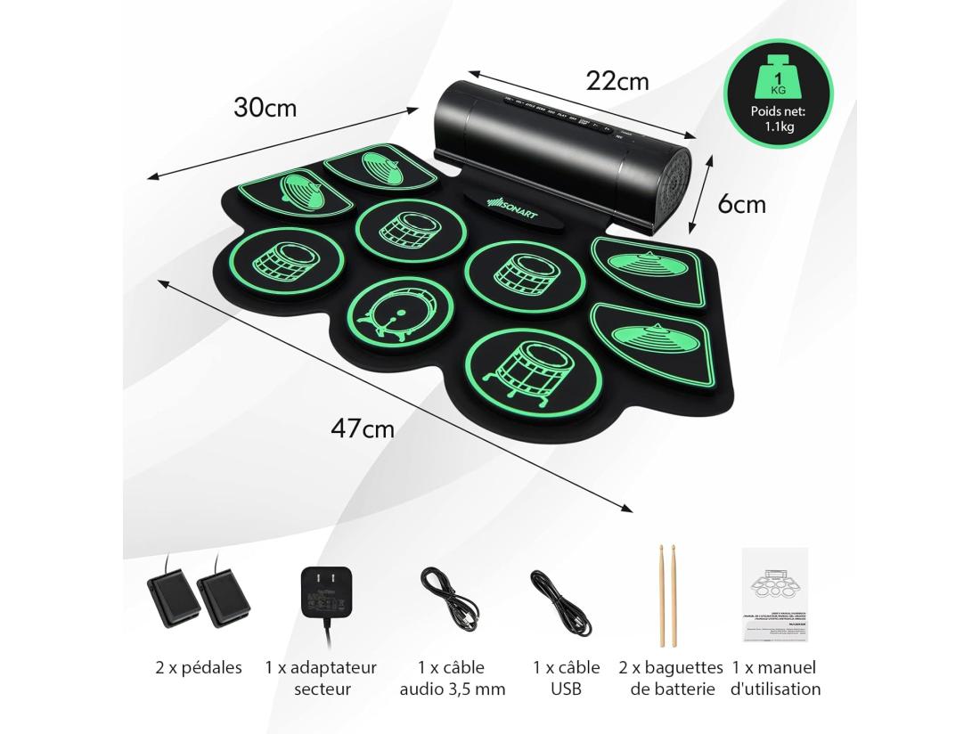 Vente Unique Batterie Electronique Portable 9 Pads Fonction Midi 4 Morceaux Vert