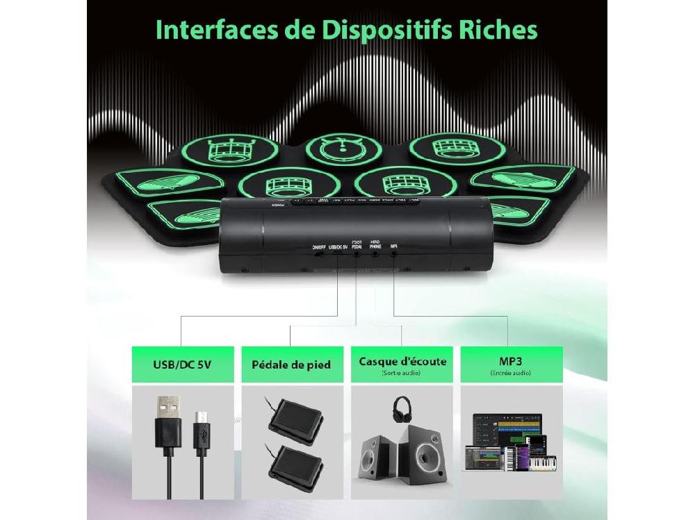 vente unique Batterie electronique portable 9 pads fonction midi 4 morceaux vert