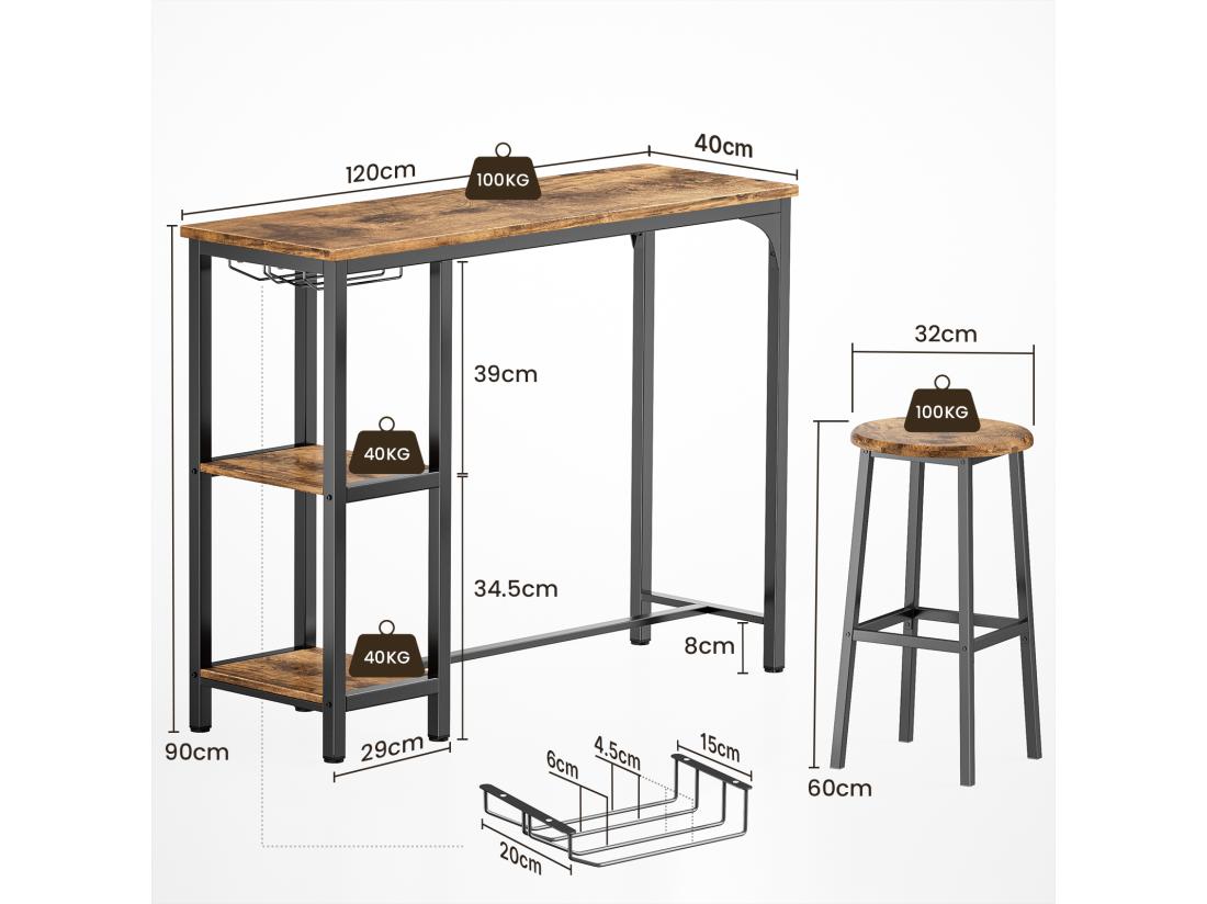 Vente Unique Bealife Table Haute Mange Debout 2 Tabouret Table De Bar Cuisine Ensemble De Meubles De Salle à Manger Cadre En Acier Marron