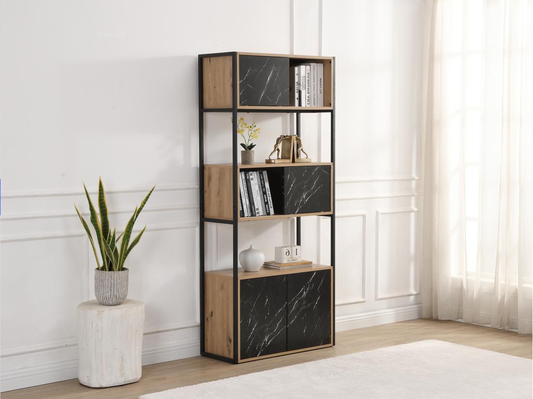 vente unique Bibliothèque avec 4 portes et 2 niches en MDF et acier - Effet marbre noir et naturel - YELANIA