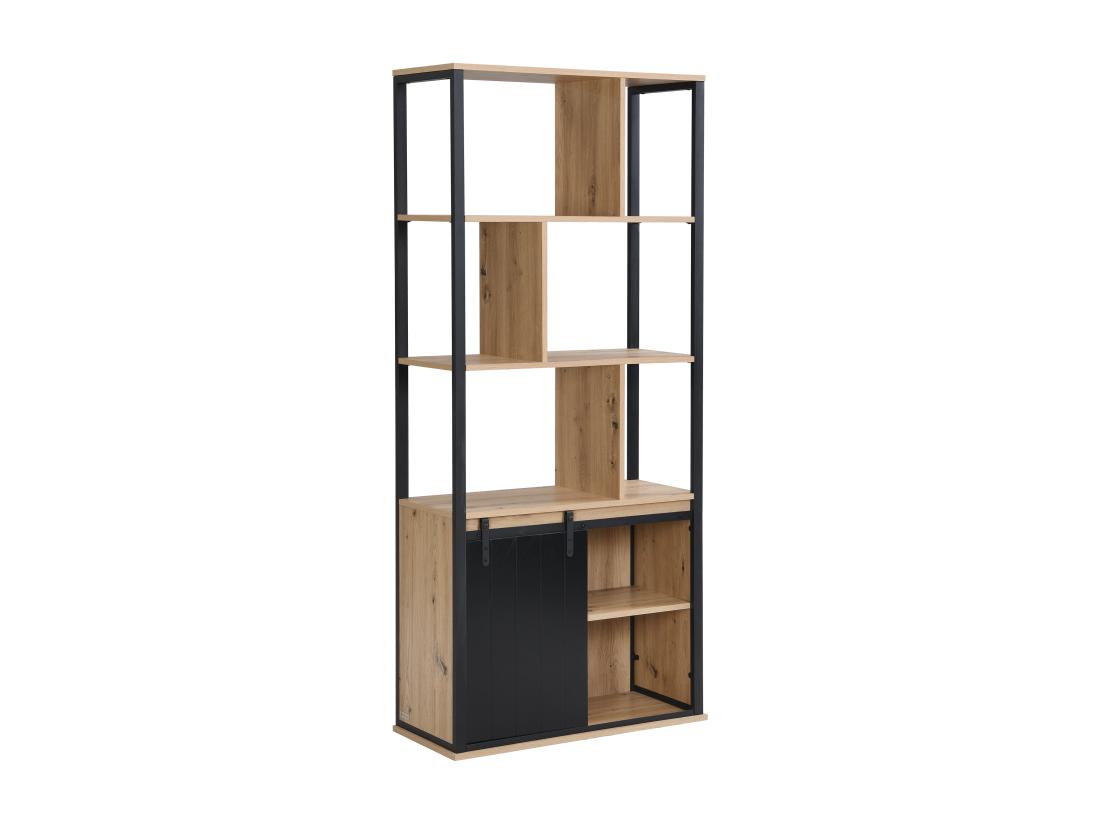 Vente Unique Bibliothèque Avec Rangements Et 1 Porte Coulissante En MDF Et Acier - Naturel Et Noir - YALENA