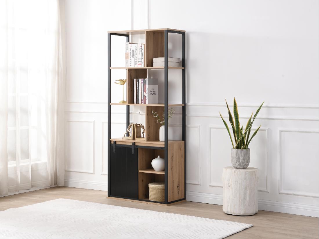 vente unique Bibliothèque avec rangements et 1 porte coulissante en MDF et acier - Naturel et Noir - YALENA