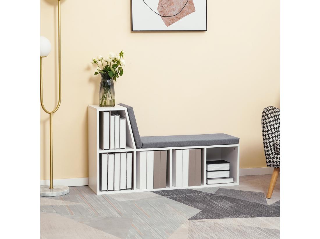 Vente Unique Bibliothèque Banc 2 En 1 Design Contemporain 5 Casiers 2 Coussins Fournis 108L X 30l X 60H Cm Blanc Gris Chiné