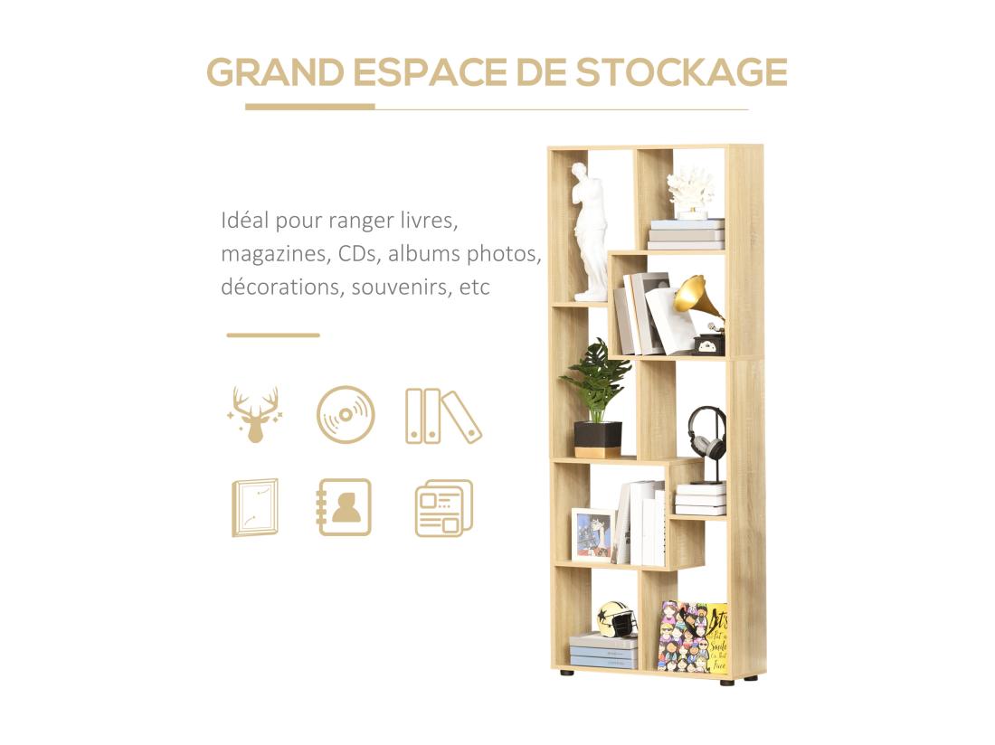 Vente Unique Bibliothèque étagère Meuble De Rangement Dim. 70L X 24l X 178H Cm En Zigazag Et 8 Espaces En Panneau De Particules Naturel