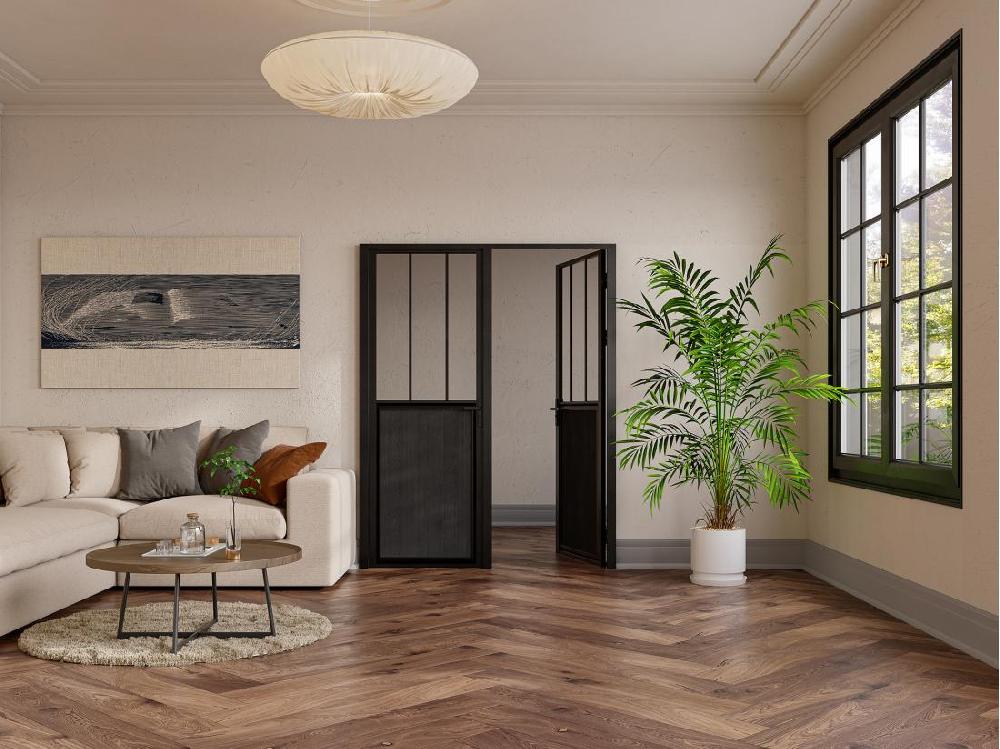 Vente Unique Bloc Porte Réversible à Deux Battants En Aluminium Et Verre Trempé Style Atelier - 2 X H204 X L73 Cm - Noir - ERMELO