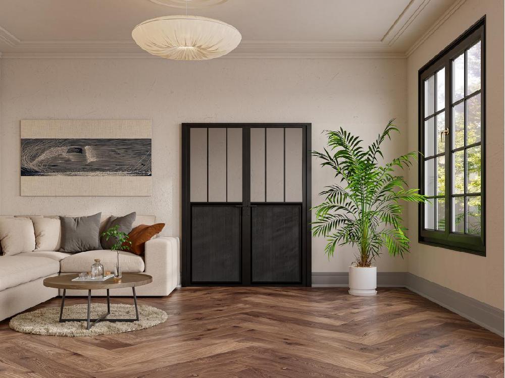 vente unique Bloc porte réversible à deux battants en aluminium et verre trempé style atelier - 2 x H204 x L93 cm - Noir - ERMELO