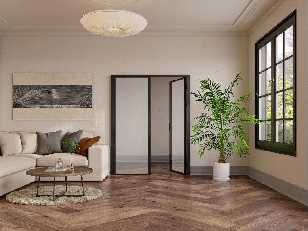 Vente Unique Bloc Porte Réversible à Deux Battants En Aluminium Et Verre Trempé - 2 X H204 X L73 Cm - Noir - LOXTON