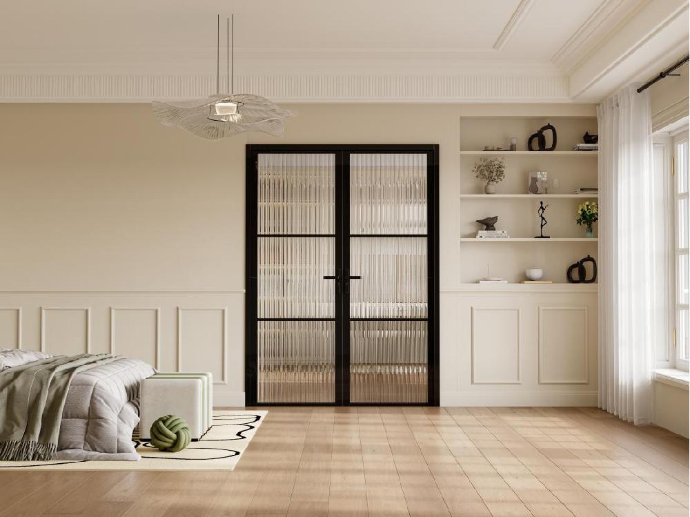 vente unique Bloc porte réversible à deux battants en aluminium et verre texturé - 2 x H204 x L83 cm - Noir - MASERU