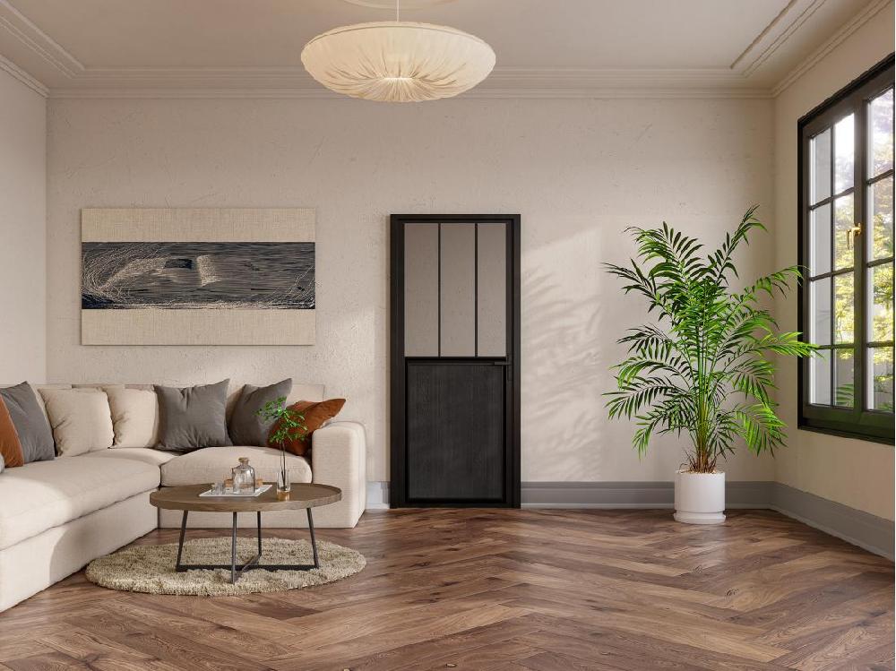 Vente Unique Bloc Porte Réversible En Aluminium Et Verre Trempé Style Atelier - H204 X L83 Cm - Noir - ERMELO