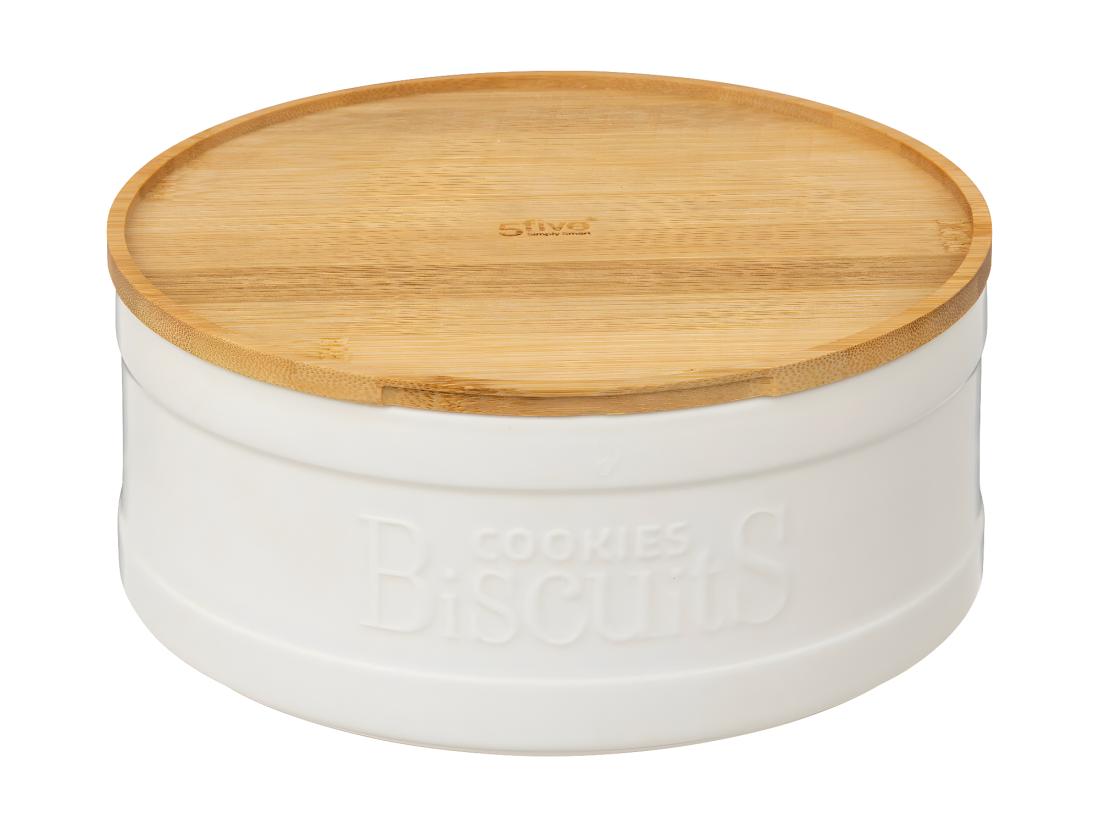 Vente Unique Boîte à Biscuits En Céramique Blanche Et Couvercle En Bambou