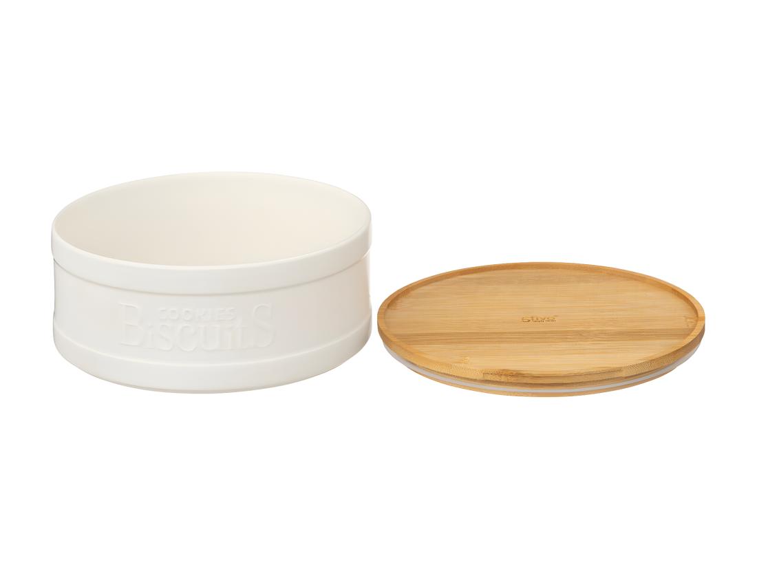 vente unique Boîte à biscuits en céramique Blanche et couvercle en Bambou