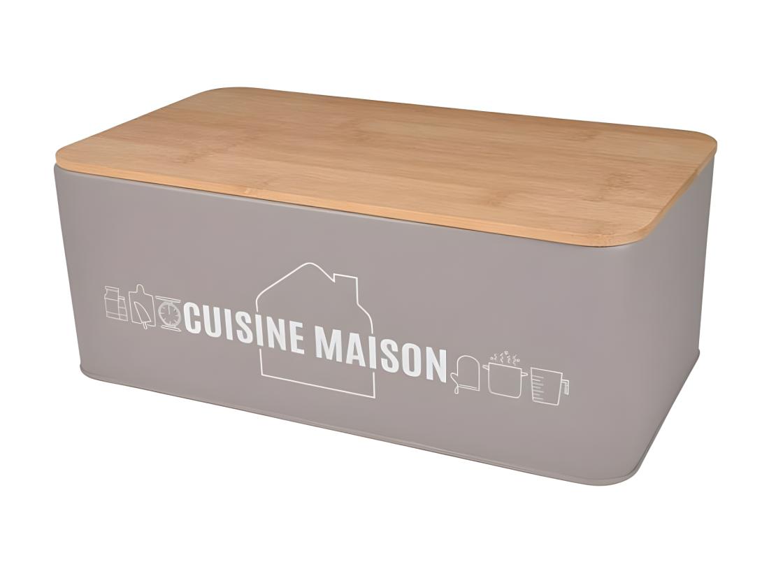 vente unique Boite en métal imprimée avec couvercle en bambou - Taupe - L 33 x l 18 x H 12 cm