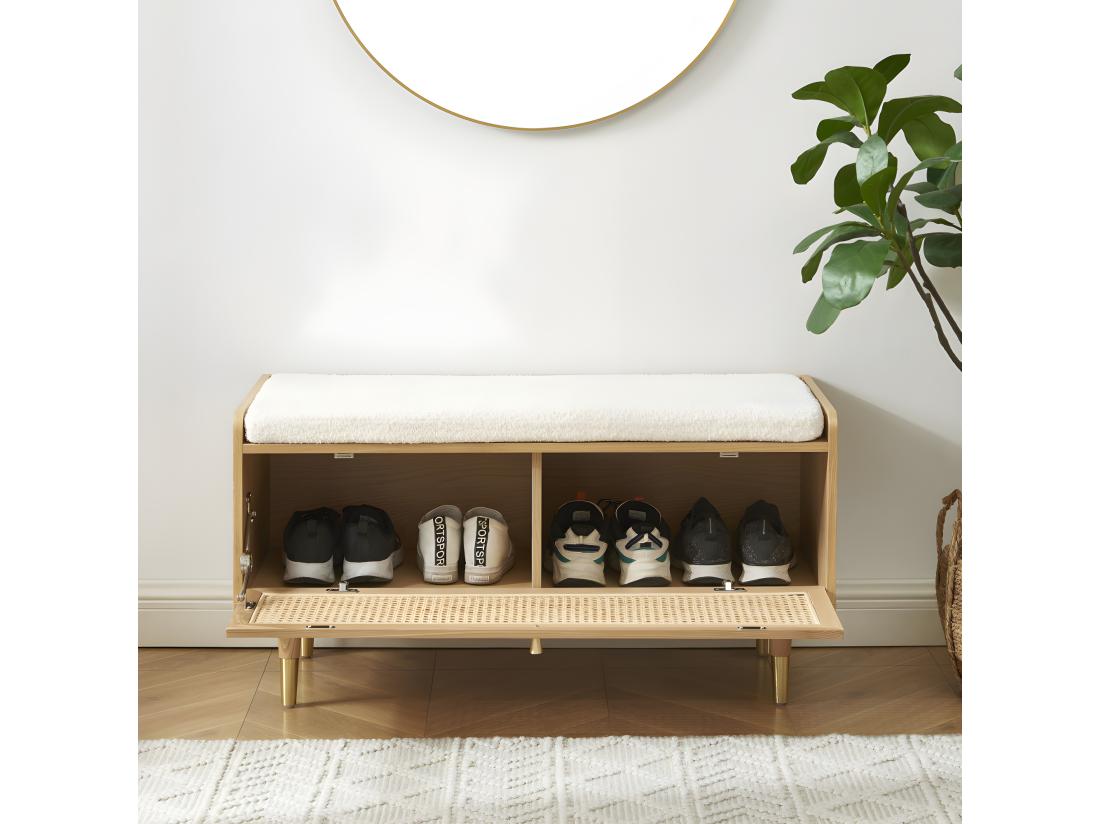 Vente Unique Bombong - Banc D'entrée Avec Rangement Chaussures En Bois Et Cannage L100cm - Bois Clair