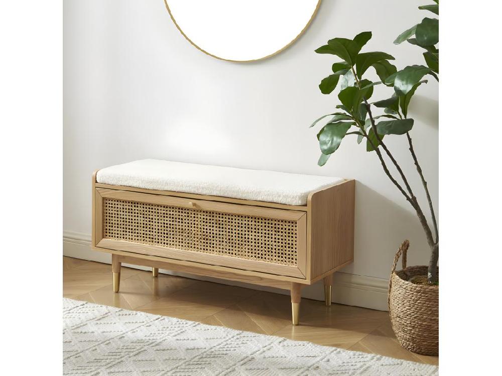 Vente Unique Bombong - Banc D'entrée Avec Rangement Chaussures En Bois Et Cannage L100cm - Bois Clair