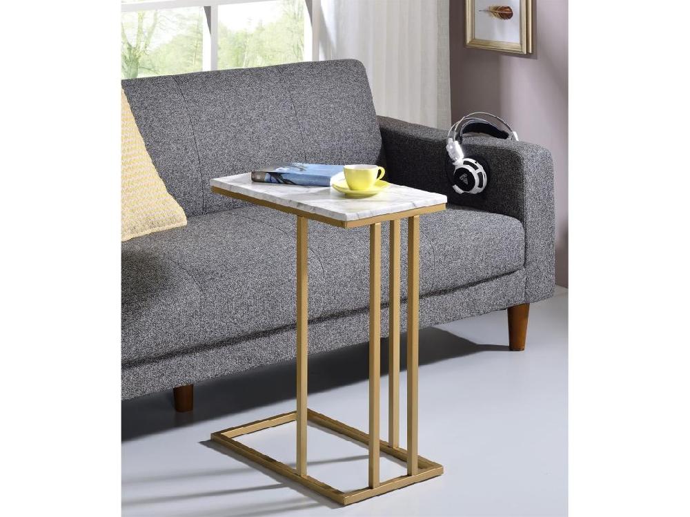 Vente Unique Bout De Canapé CARLOTA En Métal Doré Et Plateau Rectangulaire En MDF Décor Marbre Blanc Table D'appoint Table à Café Table Basse