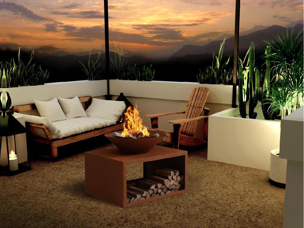 Vente Unique Brasero En Acier Corten Avec Range Bûches - L90 X H67 5 X P75 Cm - BEZIO