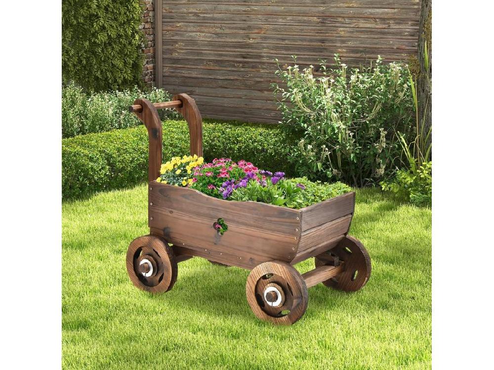 Vente Unique Brouette à Fleurs Jardinière En Bois De Sapin Carbonisé à Roues Jardinière De Jardin Avec Poignée Et Trou De Drainage Charge 20KG Pour Patio Jardin Cour 68 X 38 5 X 53 5 Cm