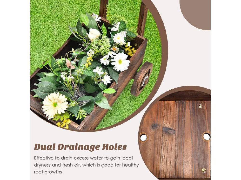 Vente Unique Brouette à Fleurs Jardinière En Bois De Sapin Carbonisé à Roues Jardinière De Jardin Avec Poignée Et Trou De Drainage Charge 20KG Pour Patio Jardin Cour 68 X 38 5 X 53 5 Cm