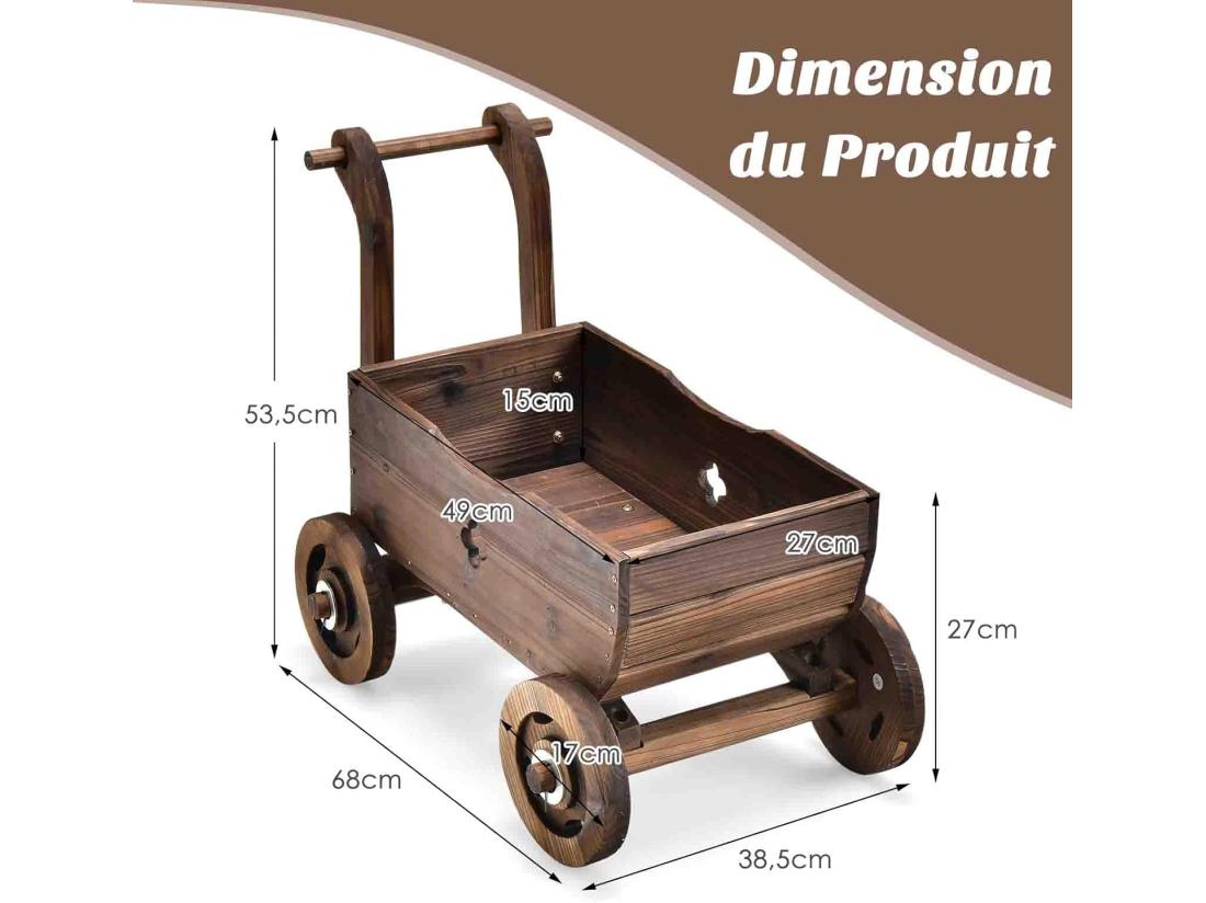 Vente Unique Brouette à Fleurs Jardinière En Bois De Sapin Carbonisé à Roues Jardinière De Jardin Avec Poignée Et Trou De Drainage Charge 20KG Pour Patio Jardin Cour 68 X 38 5 X 53 5 Cm