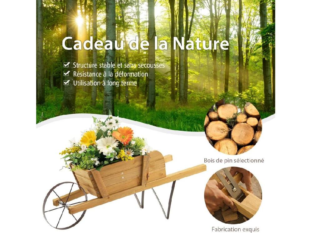 Vente Unique Brouette à Fleurs Jardinière En Bois Jardinière De Jardin à Roues Avec 9 Accessoires Magnétiques 2 Longues Poignées Pour Jardin Terrasse Maison Vacances