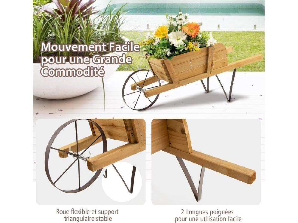 Vente Unique Brouette à Fleurs Jardinière En Bois Jardinière De Jardin à Roues Avec 9 Accessoires Magnétiques 2 Longues Poignées Pour Jardin Terrasse Maison Vacances