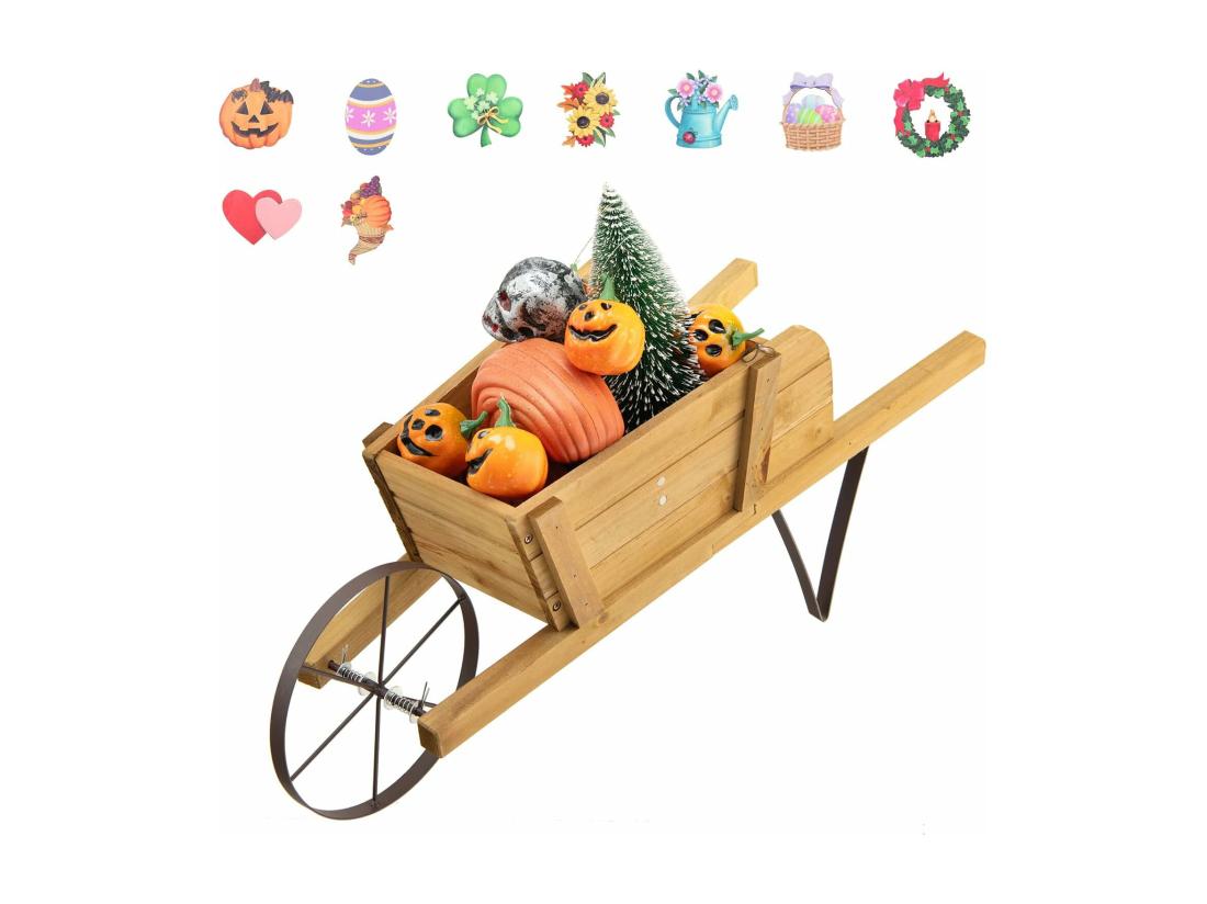 vente unique Brouette à Fleurs Jardinière en Bois Jardinière de Jardin à Roues avec 9 Accessoires Magnétiques 2 Longues Poignées pour Jardin Terrasse Maison Vacances