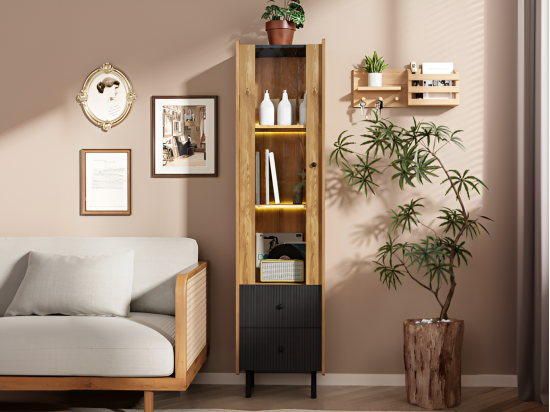 Vente Unique Buffet 180 Cm - Avec LED Et Porte Vitrée - 2 Tiroirs - Naturel + Noir