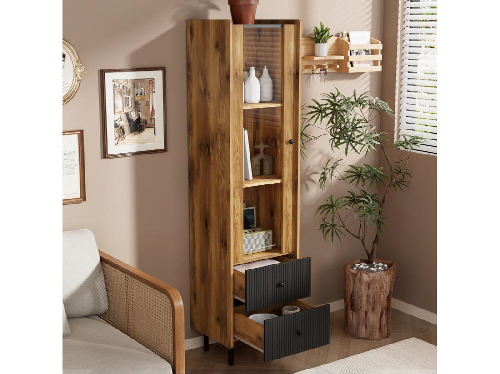 Vente Unique Buffet 180 Cm - Avec LED Et Porte Vitrée - 2 Tiroirs - Naturel + Noir