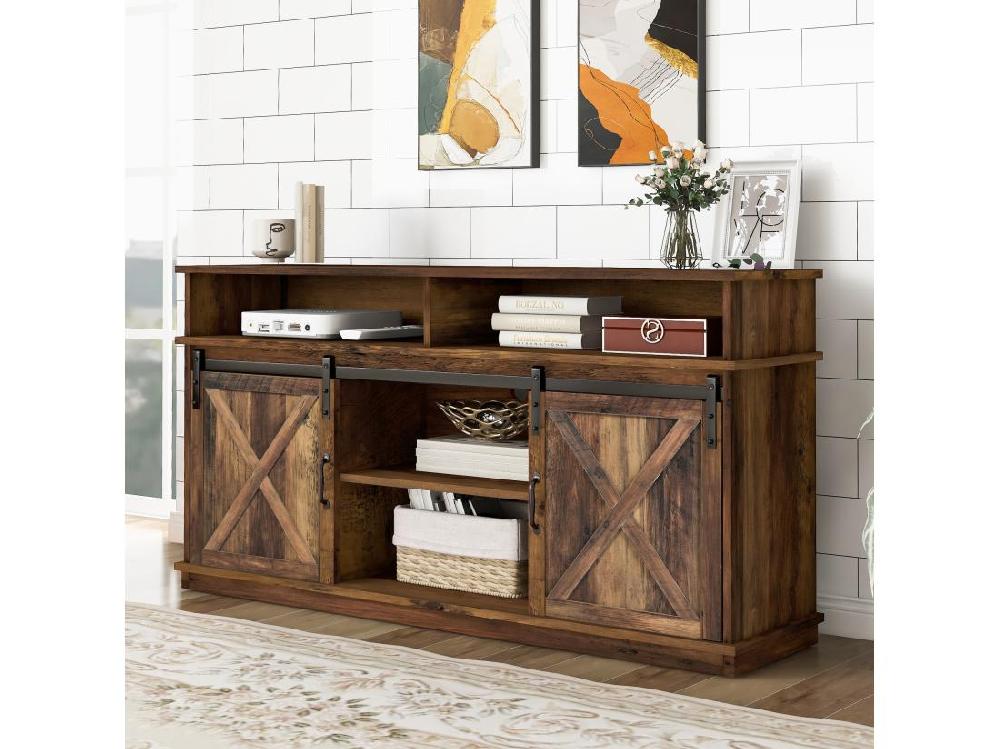 Vente Unique Buffet - 2 Portes Coulissantes Et Compartiments - étagères Internes Réglables - Marron