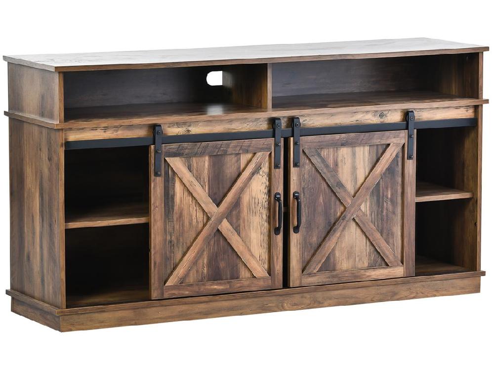 vente unique Buffet - 2 portes coulissantes et compartiments - étagères internes réglables - Marron