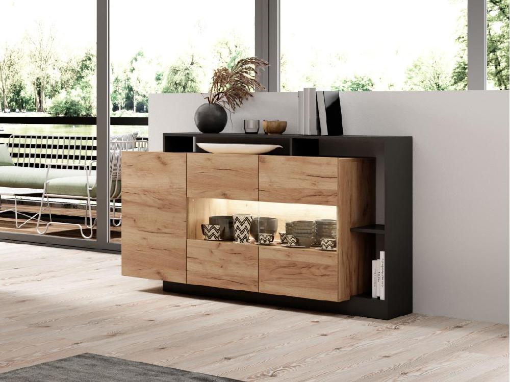 vente unique Buffet 3 portes et 3 niches avec LEDs - Coloris : Naturel et anthracite - IDESIA