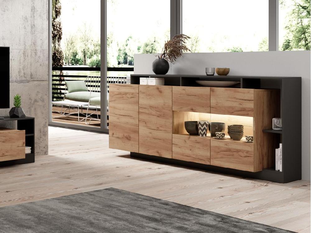 vente unique Buffet 4 portes et 4 niches avec LEDs - Naturel clair et Anthracite - IDESIA