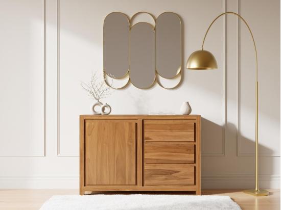 vente unique Buffet avec 1 porte et 3 tiroirs en bois de teck - Naturel - ALEMIA