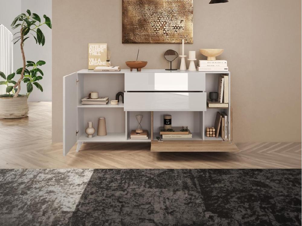 Vente Unique Buffet Avec 2 Portes 2 Tiroirs Et 2 Niches - Naturel Et Blanc Laqué - DONALA