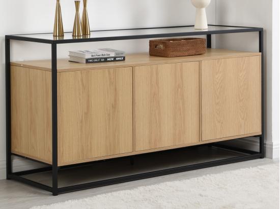 Vente Unique Buffet Avec 3 Portes En MDF Verre Trempé Et Métal - Naturel Clair - CAMATA
