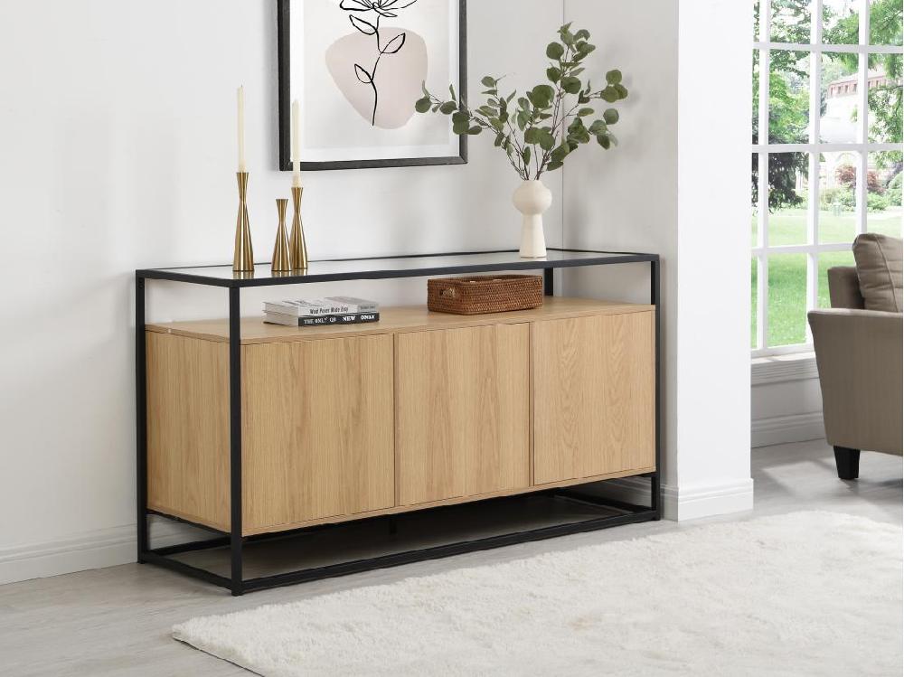 vente unique Buffet avec 3 portes en MDF verre trempé et métal - Naturel clair - CAMATA