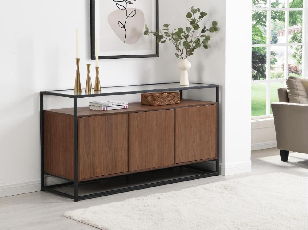 vente unique Buffet avec 3 portes en MDF verre trempé et métal - Naturel foncé - CAMATA