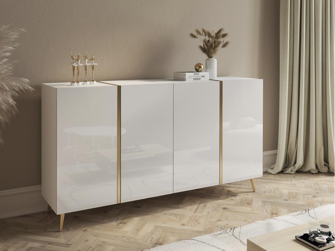 vente unique Buffet avec 4 portes - 158 cm - Blanc brillant et doré - MARZIALO