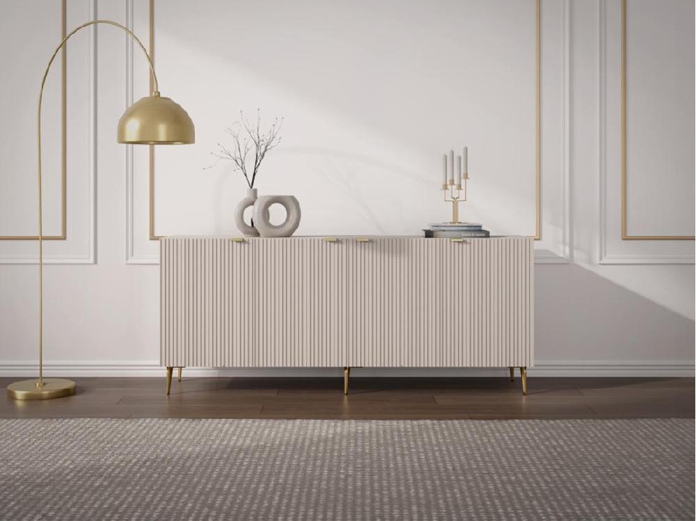 vente unique Buffet avec 4 portes en MDF et acier - Beige et Doré - YESINIA