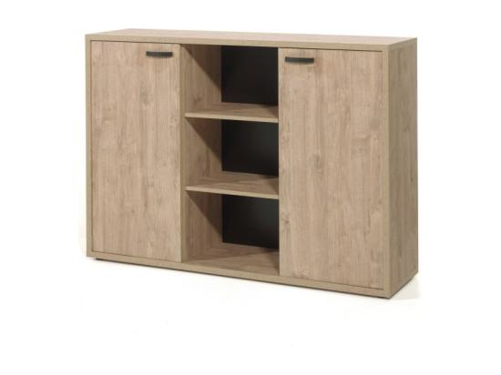 vente unique Buffet bas de rangement pour bureau 2 portes et étagères coloris chêne doré collection DEPÉ