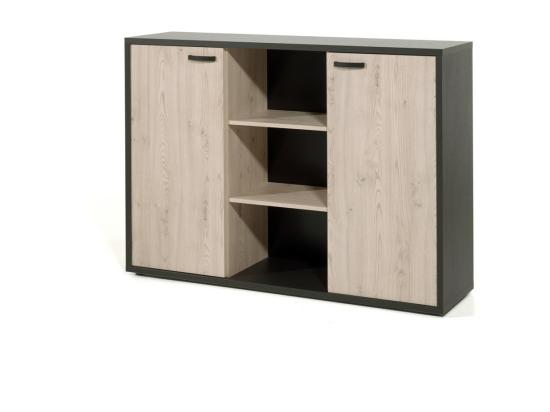 vente unique Buffet bas de rangement pour bureau 2 portes et étagères coloris chêne clair et noir