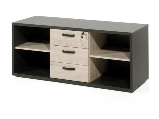 Vente Unique Buffet Bas De Rangement Pour Bureau 4 Niches Et 3 Tiroirs Coloris Chêne Clair Et Noir