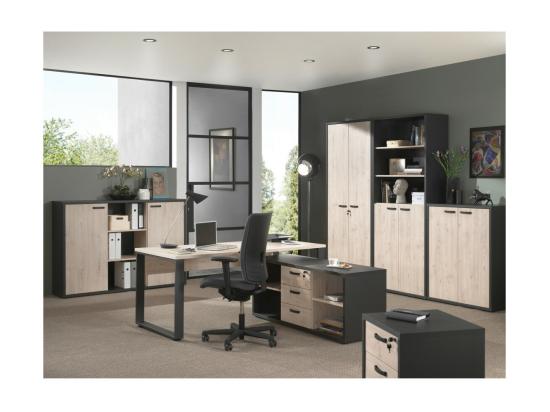 vente unique Buffet bas de rangement pour bureau 4 niches et 3 tiroirs coloris chêne clair et noir