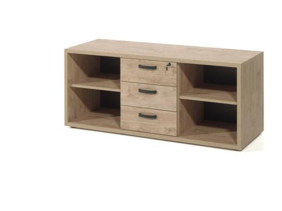 vente unique Buffet bas de rangement pour bureau 4 niches et 3 tiroirs coloris chêne doré collection DEPÉ